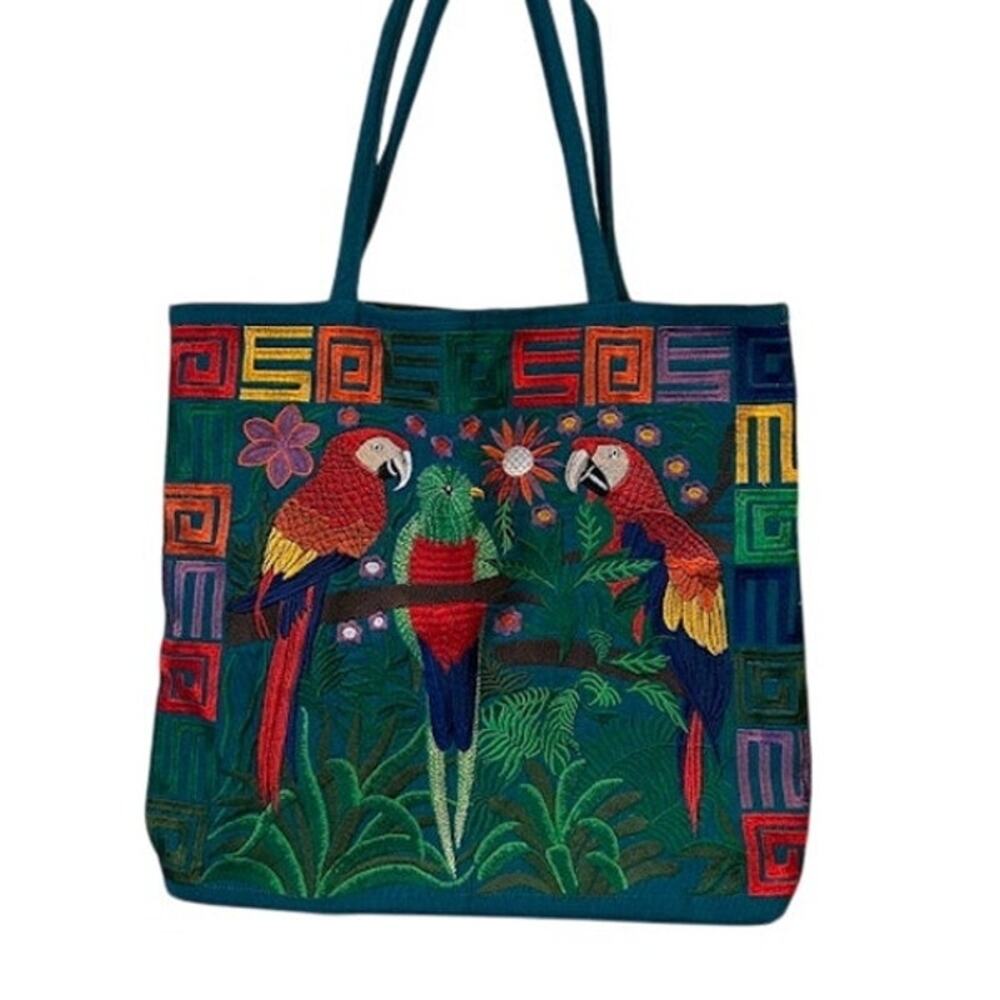 Embroidered Parrot Tote Bag in Teal